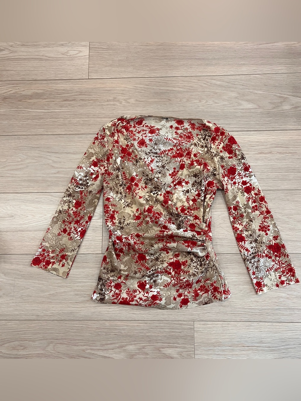 Y2K Cream Red Floral Wrap Ruched Long Sleeve V Neck Top Boho Romantic